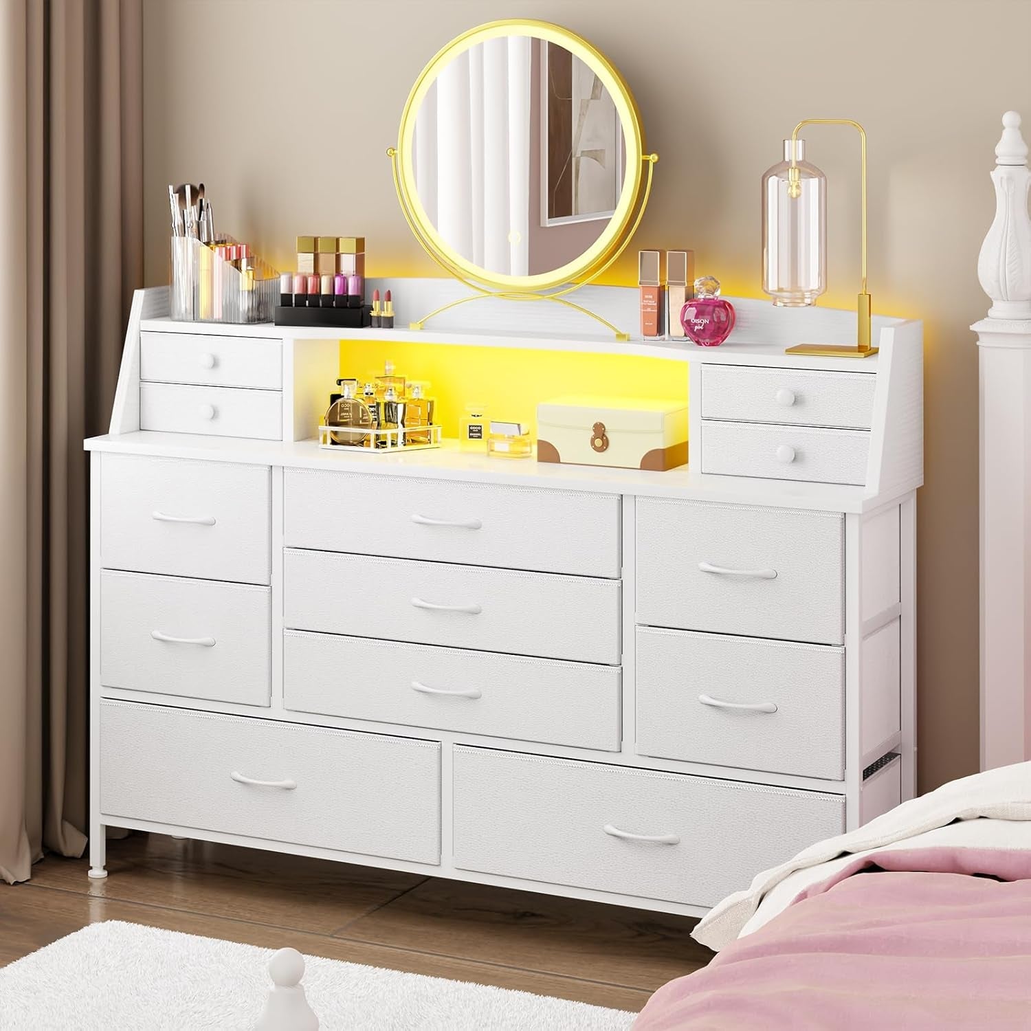 White Dresser for Bedroom with 13 Drawers, Fabric Chest of Drawers with PU Finish for Kids, Girls, Adults, Nursery, Living Room, Closet, Entryway, Hallway (No LED Lights)-0