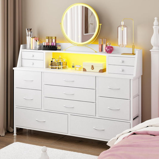 White Dresser for Bedroom with 13 Drawers, Fabric Chest of Drawers with PU Finish for Kids, Girls, Adults, Nursery, Living Room, Closet, Entryway, Hallway (No LED Lights)-0