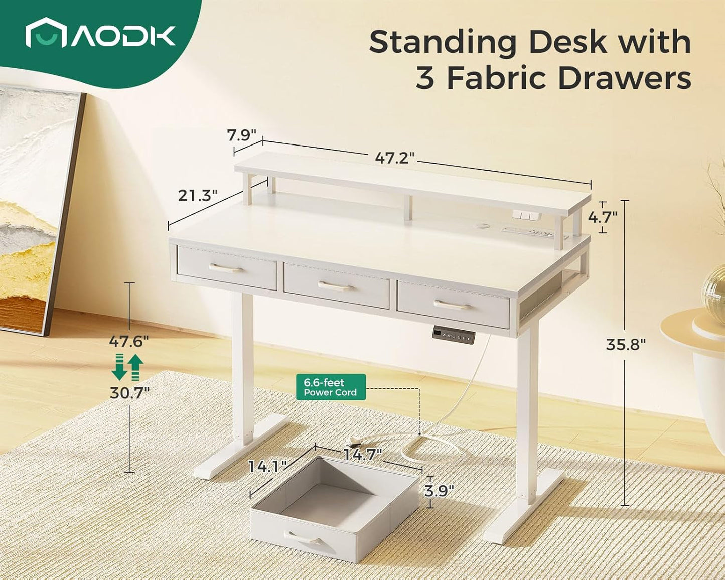 Electric Standing Desk with Drawers, 47 Inch Height Adjustable Small Desk with Power Outlets & LED Lights, Sit Stand Table with Monitor Stand for Home, Office, Workstation, White-2