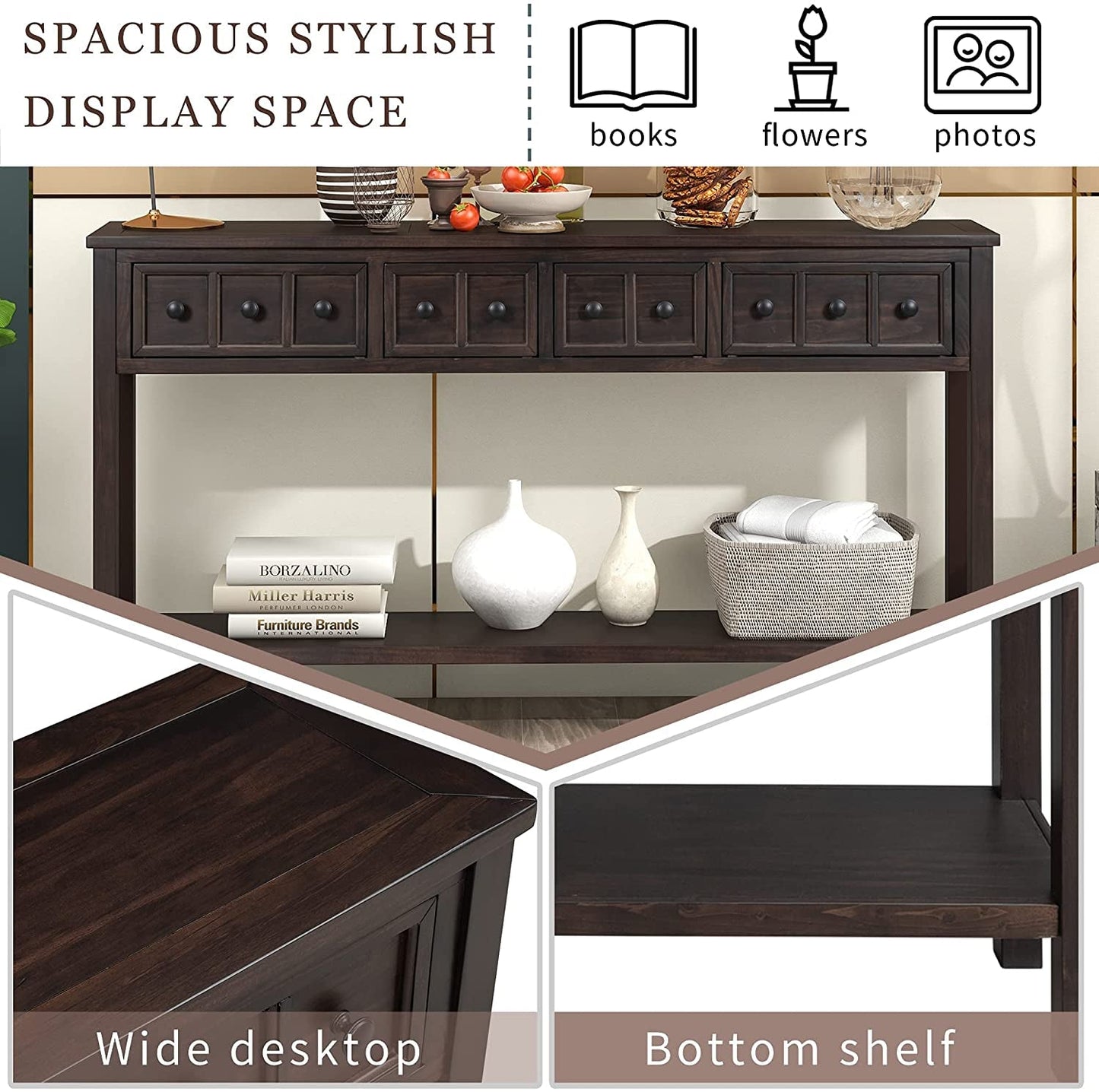 Rustic Console Table with Drawers and Shelf-3