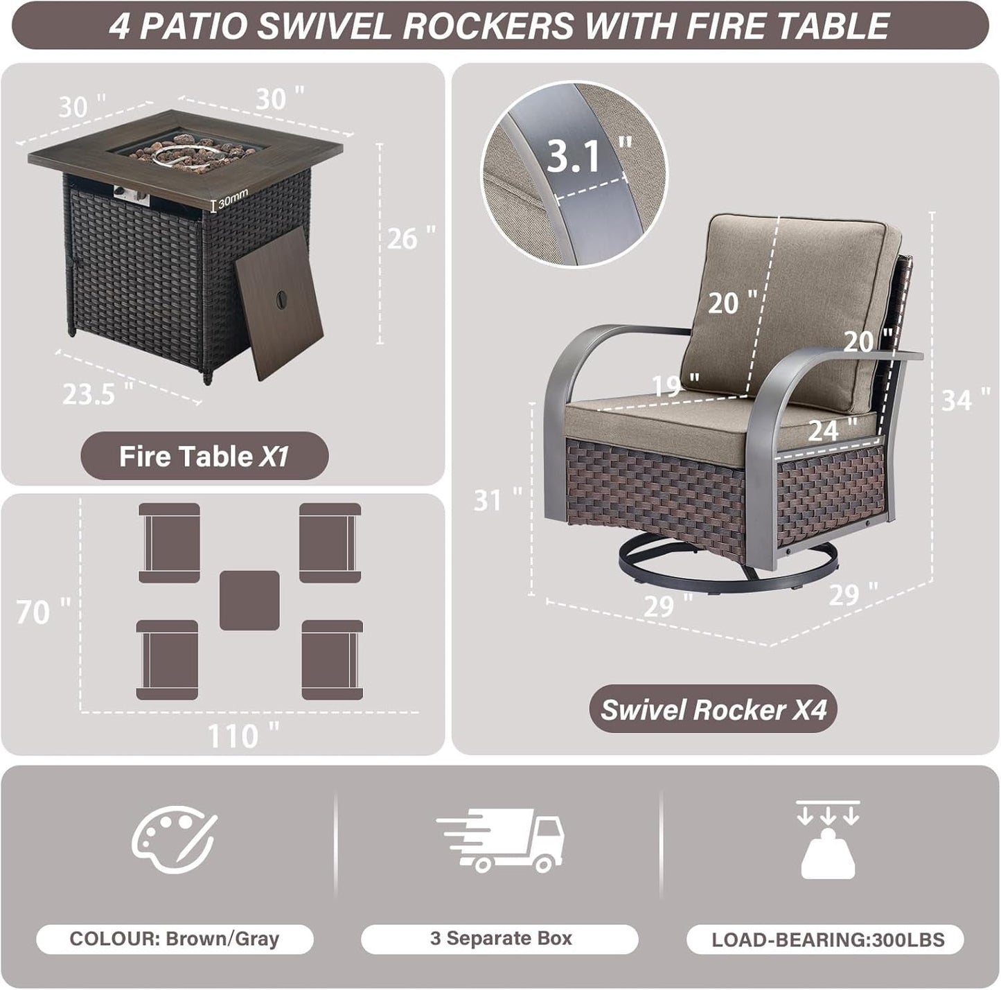 5 Pieces Patio Furniture Set with Fire Pit Table - 4 Outdoor Swivel Rocker Chairs with 50000 BTU Propane Fire Pit Table, Patio Conversation Sets for outside Backyard Patio Casual Gathering-2