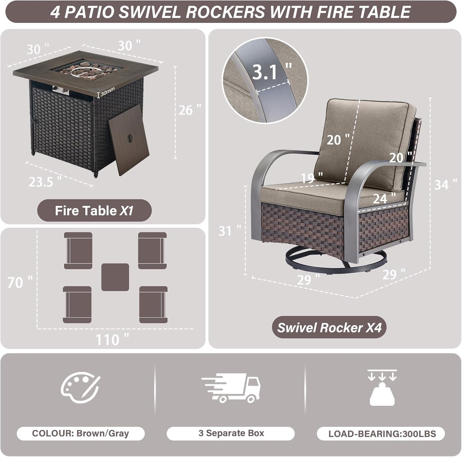 5 Pieces Patio Furniture Set with Fire Pit Table - 4 Outdoor Swivel Rocker Chairs with 50000 BTU Propane Fire Pit Table, Patio Conversation Sets for outside Backyard Patio Casual Gathering-2