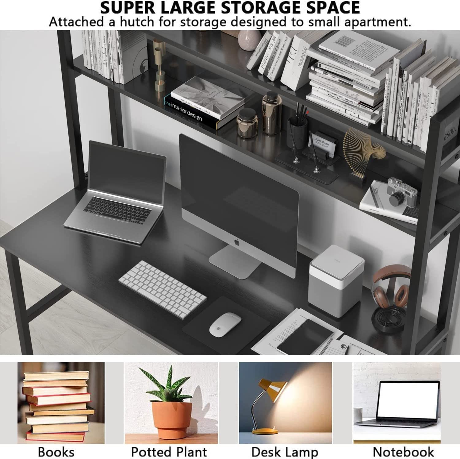 Black Computer Desk with Hutch and Bookshelf-3