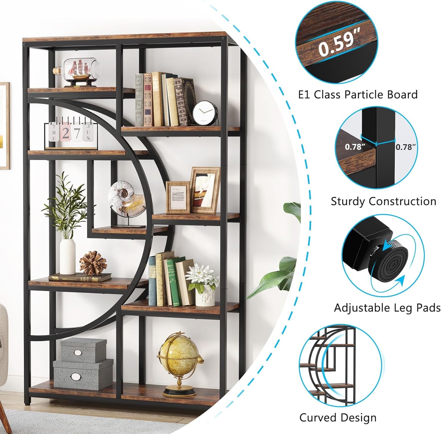 Bookshelf Industrial 5 Tier Etagere Bookcase, Freestanding Tall Bookshelves Display Shelf Storage Organizer with 9-Open Storage Shelf for Living Room, Bedroom-4