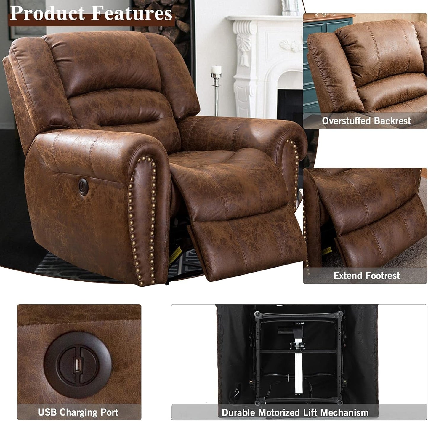 Electric Recliner Chair W/Breathable Bonded Leather, Classic Single Sofa Home Theater Recliner Seating W/USB Port (Nut Brown)-3
