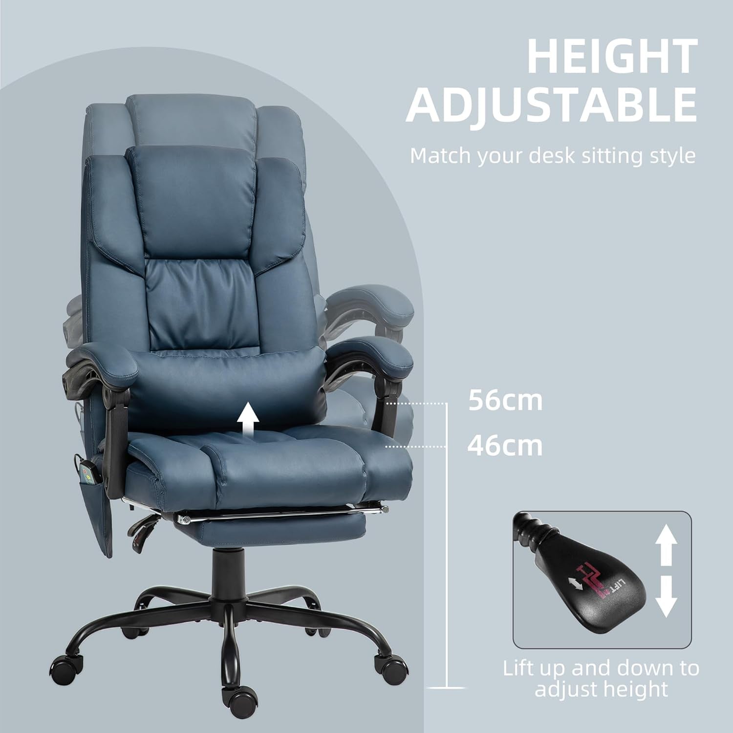 High Back Massage Office Chair with 6 Vibration Points, PU Leather Reclining Computer Chair, Ergonomic Desk Chair with Footrest Adjustable Height and Remote, Blue-3