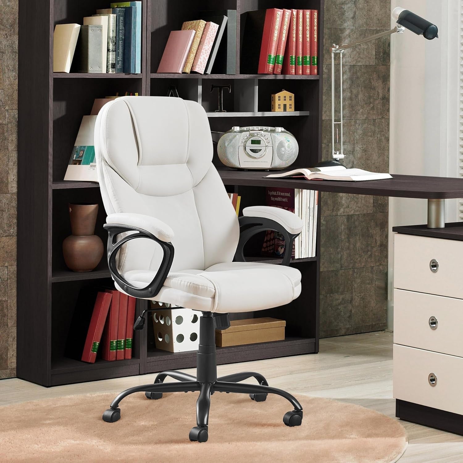 High Back Executive Chair Faux Leather Managerial Chair Ergonomic Task Chair Computer Meeting Chair Large Seat Swivel Chair, Sturdy Metal Base,White-4