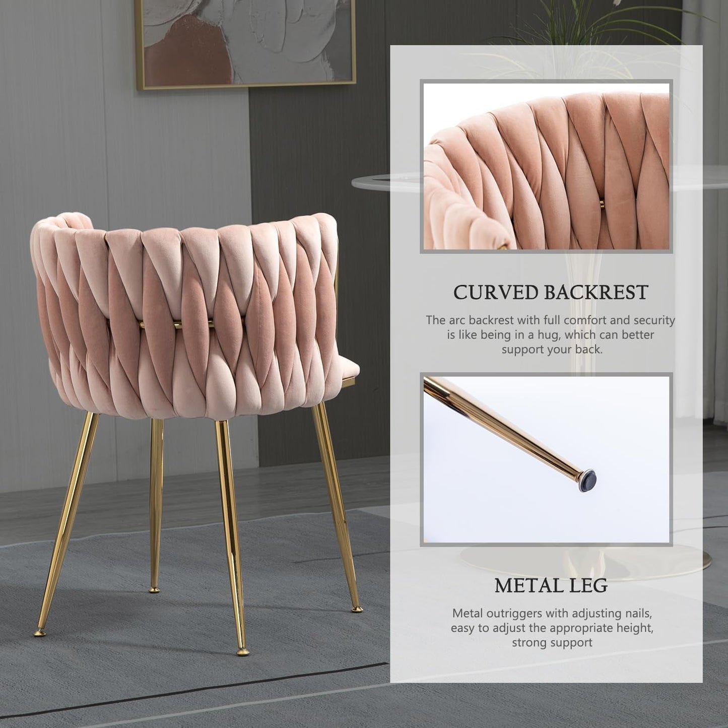 Velvet Dining Chairs Set of 4, Upholstered Dining Room Chairs with Gold Metal Legs, Luxury Tufted Dining Chairs for Living Room, Bedroom, Kitchen (Pink)-3