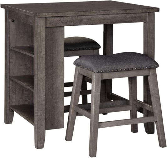 Caitbrook 25" Counter Height Dining Room Table Set with 2 Saddle Barstools & Storage, Gray-0