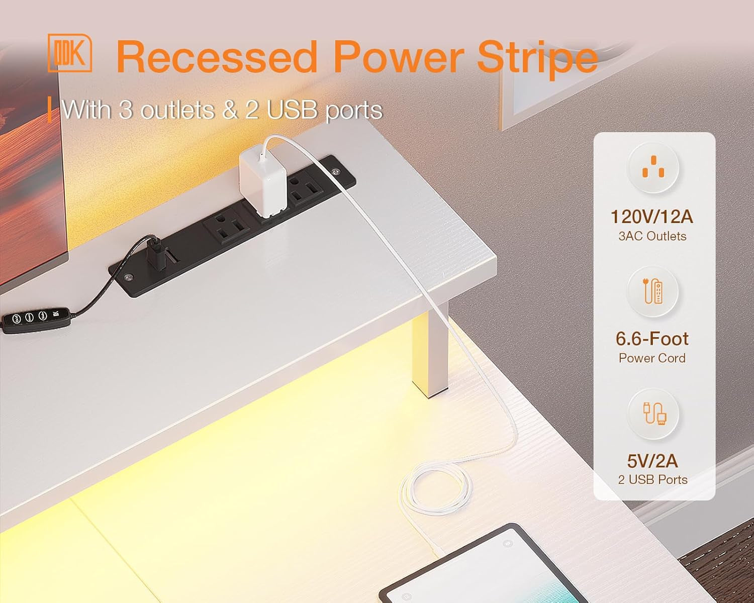 48 Inch Gaming Desk with LED Lights & Power Outlets, Computer Desk with Monitor Stand & Storage Sheves, CPU Stand, Home Office Desk, White-4