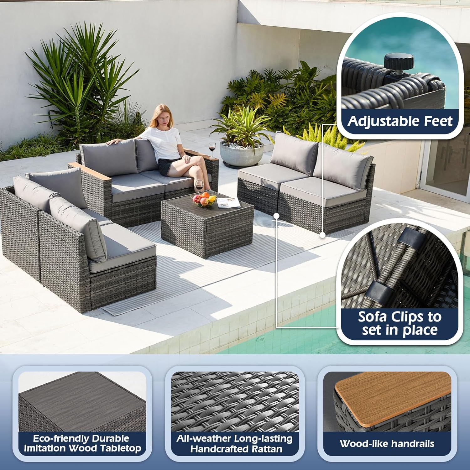 Patio Furniture Set 7 Pieces Outdoor Furniture Patio Conversation Sets with Cushions & Pillows PE Ratten Wicker Sectional Sofa Chair with Coffee Table for outside Porch Poolside Deck-2