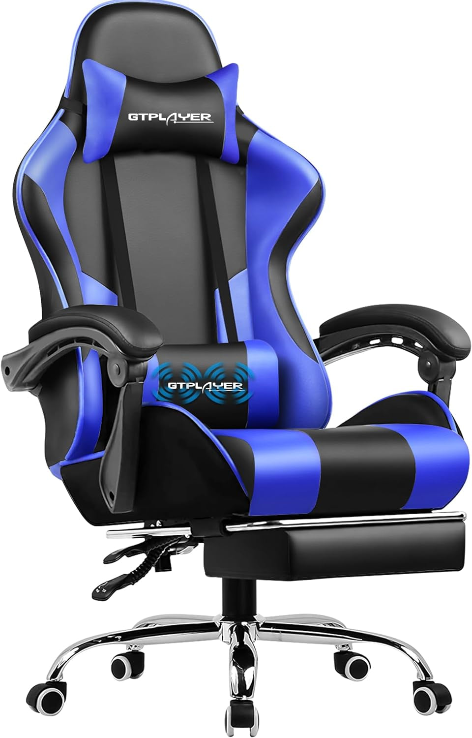 Gaming Chair, Computer Chair with Footrest and Lumbar Support, Height Adjustable Game Chair with 360°-Swivel Seat and Headrest and for Office or Gaming ((Blue)-0