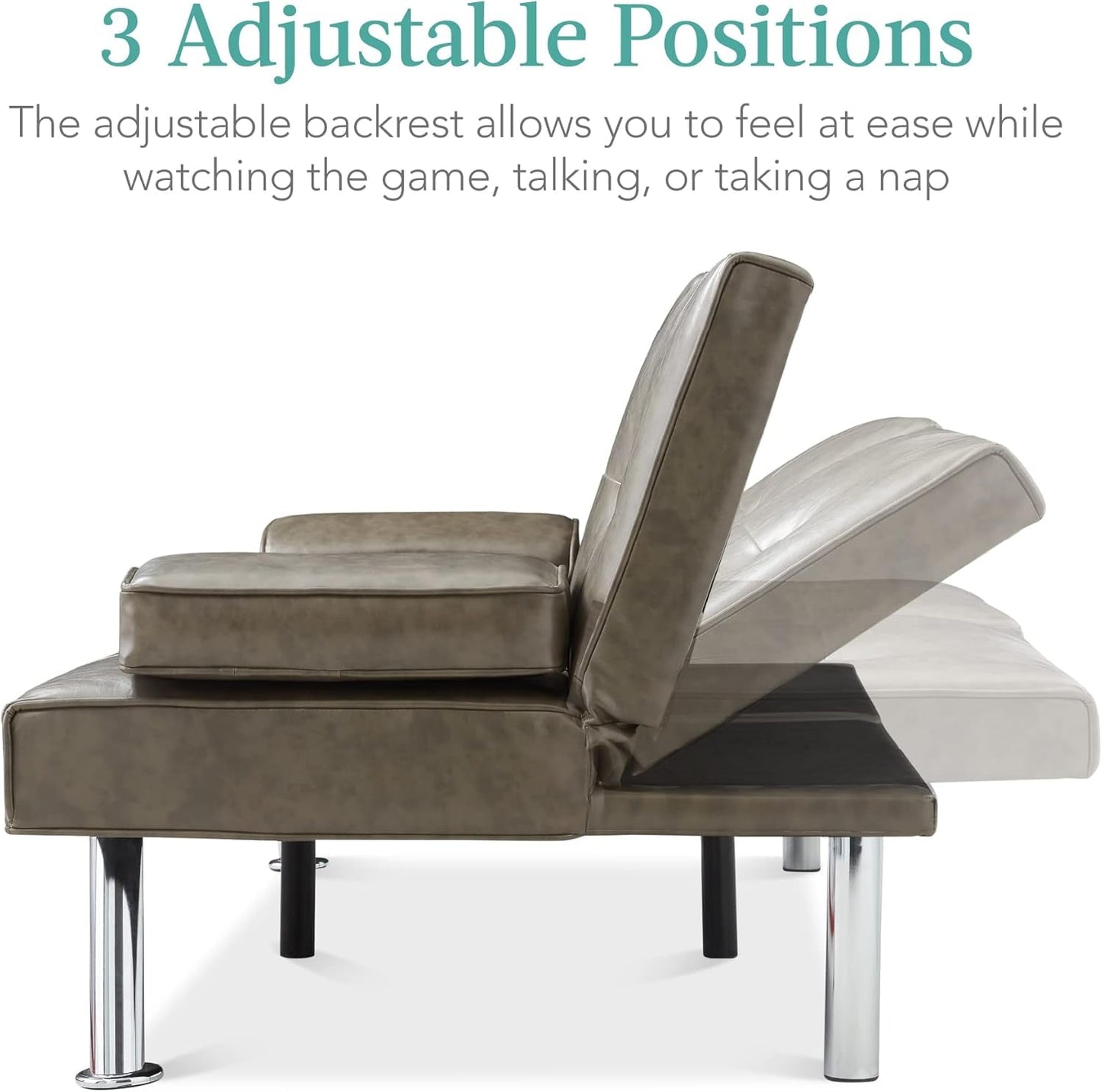 Faux Leather Upholstered Modern Convertible Futon, Adjustable Folding Sofa Bed, Guest Bed W/Removable Armrests - Gray-3