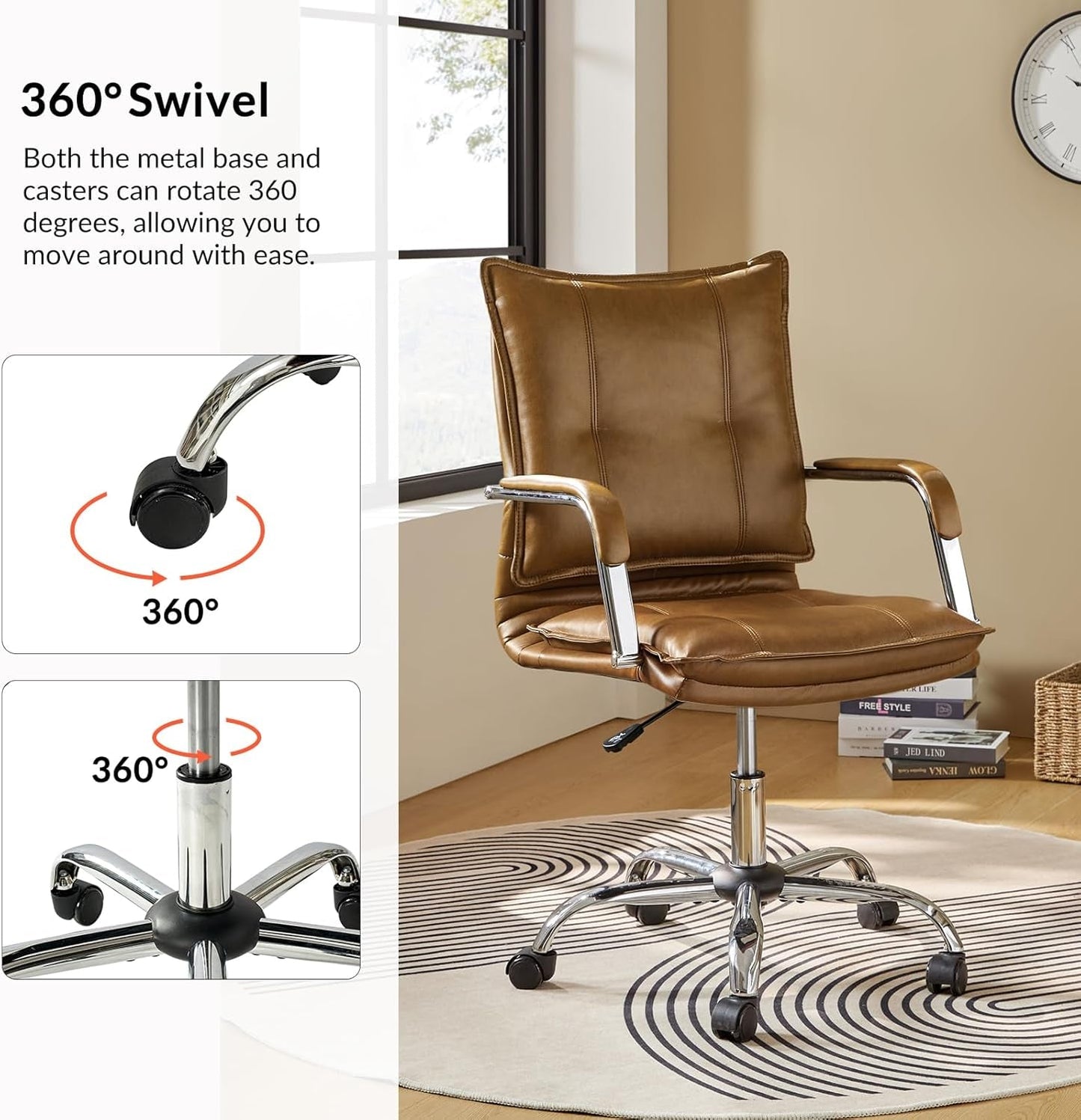 Faux Leather Home Office Desk Chair, Adjustable Swivel Computer Chair with Sliver Legs and Arms, Comfy Upholstered Task Chair(Brown)-3