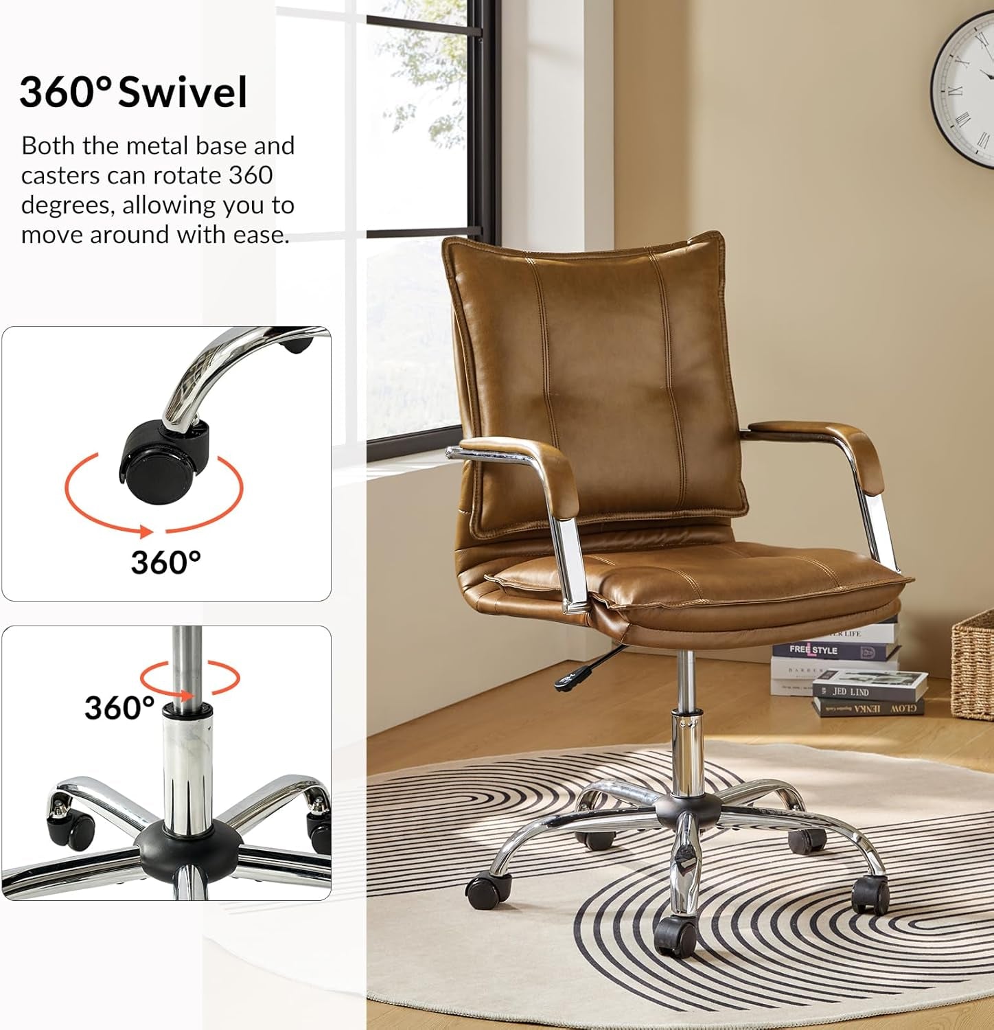 Faux Leather Home Office Desk Chair, Adjustable Swivel Computer Chair with Sliver Legs and Arms, Comfy Upholstered Task Chair(Brown)-3
