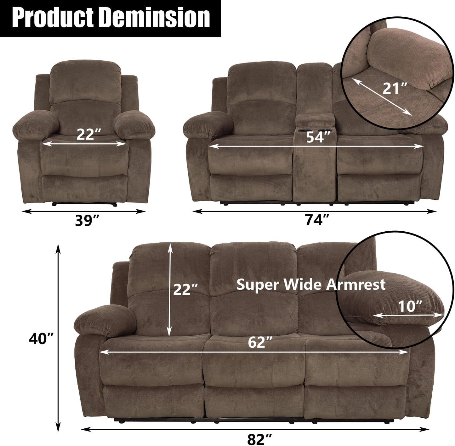 Recliner Sofa Set for Living Room Furniture Set, Reclining Sofa and Loveseat Set for Reclinier Sofa with Drop down Table/Double Recliner Loveseat with Storage Console/Brown Velvet-1