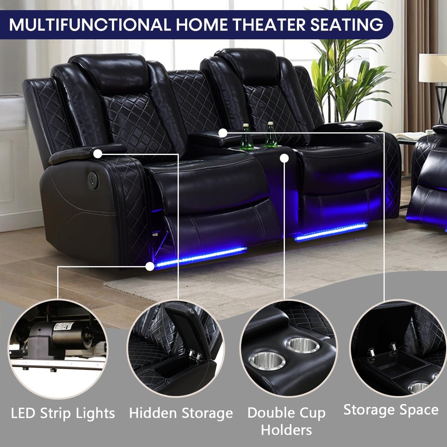 Power Recliner Sofa Set with LED Lights,Leather Reclining Sofa with USB Port/Wireless Charger/Storage Console/Cup Holder,3 Piece Reclining Living Room Set for House/Home Theater(3 Piece Set,Black)-2