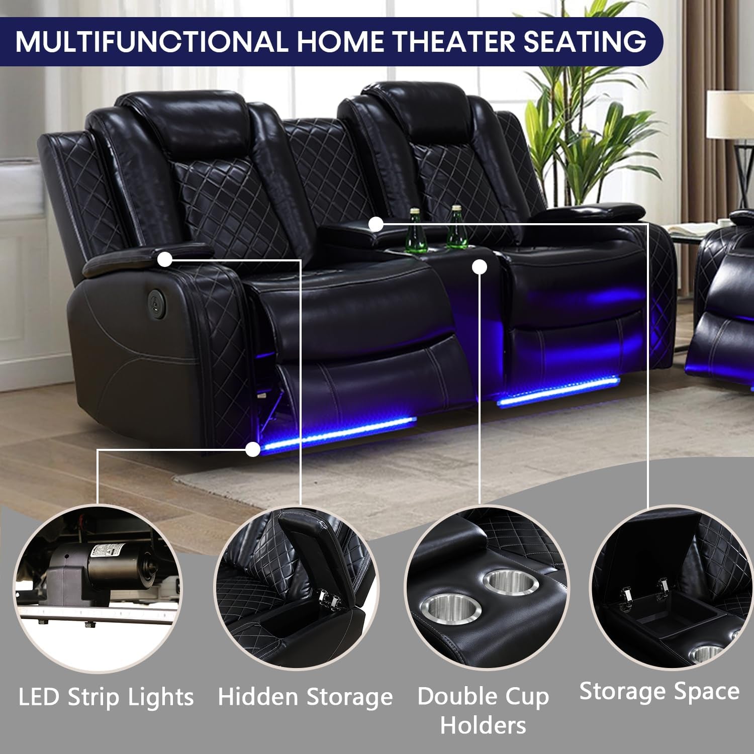 Power Recliner Sofa Set with LED Lights,Leather Reclining Sofa with USB Port/Wireless Charger/Storage Console/Cup Holder,3 Piece Reclining Living Room Set for House/Home Theater(3 Piece Set,Black)-2