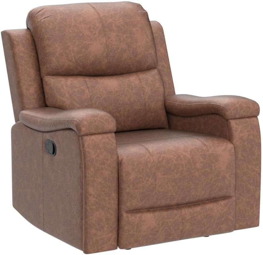Leather Recliner Chair, Classic and Traditional Manual Recliner Chair with Overstuffed Arms and Back, Manual Single Sofa with Concealed Cup Holders, Brown-4