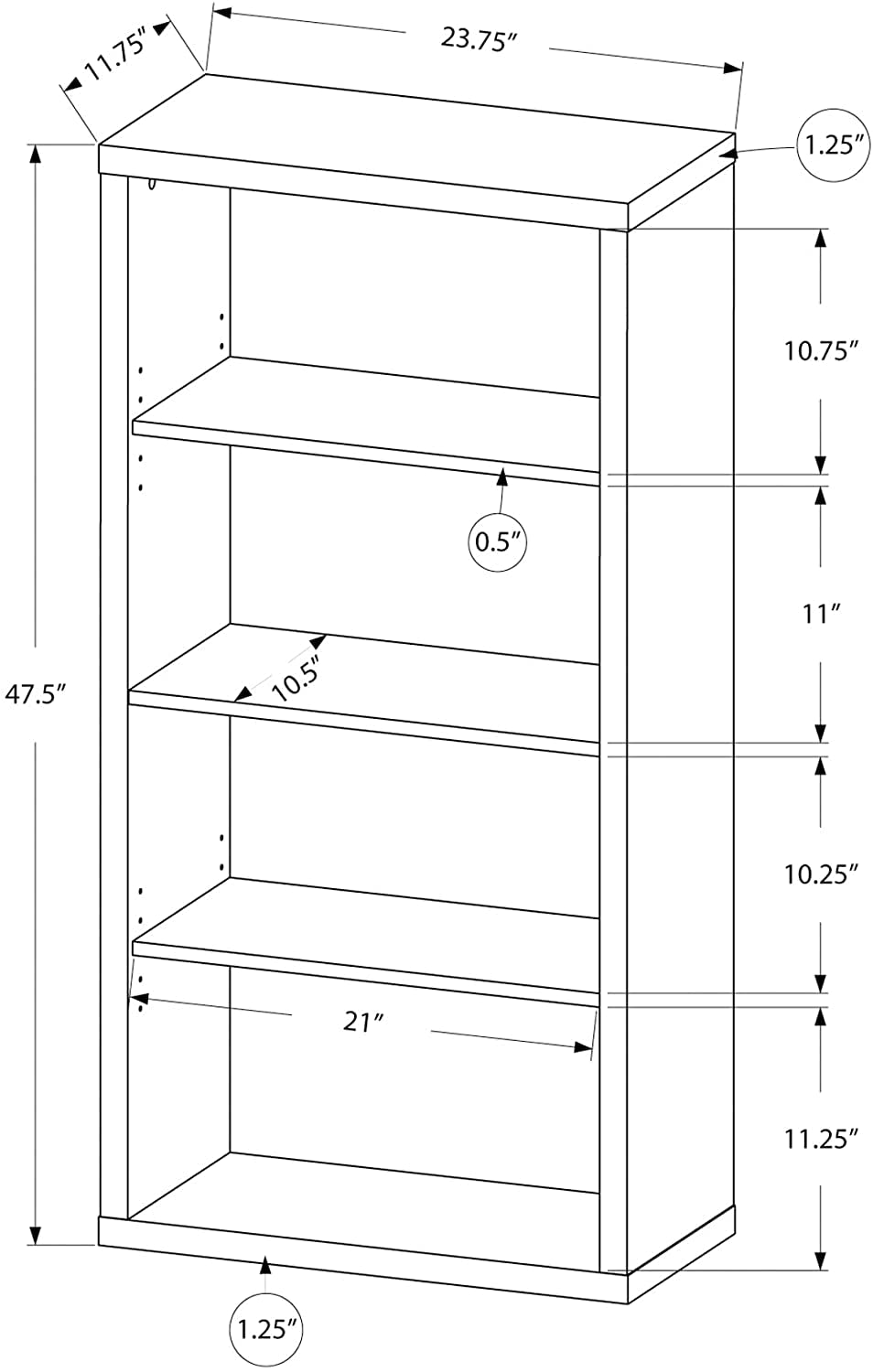 Adjustable 3-Shelf Bookcase - 48”H (Brown)-3