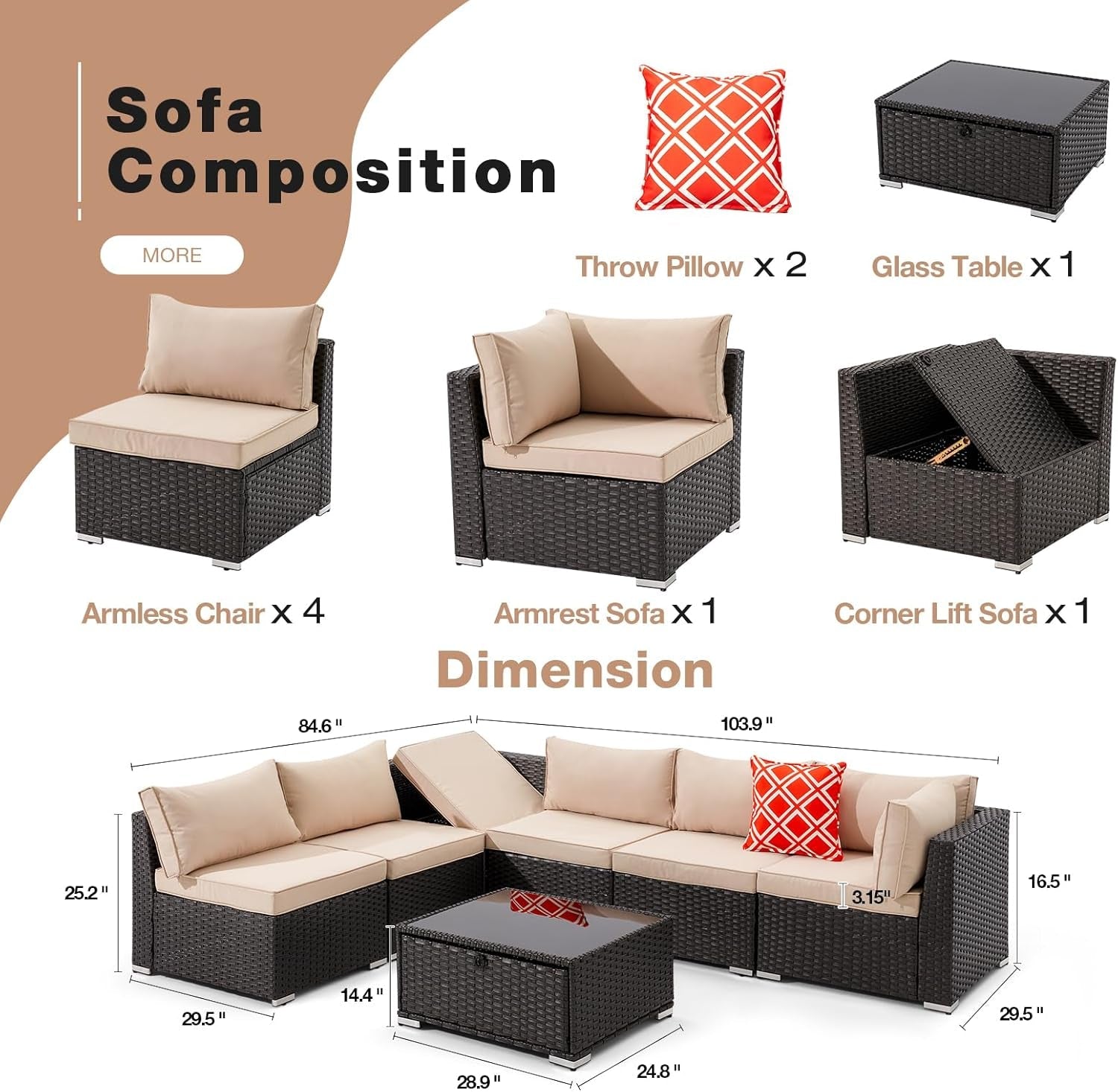 7 Piece Outdoor Patio Furniture, Hand Woven PE Rattan Patio Conversation Sets, Outdoor Sectional Set with Storage Table, Cushions and Pillows, Lift Sofa for Garden, Balcony, Lawn-3