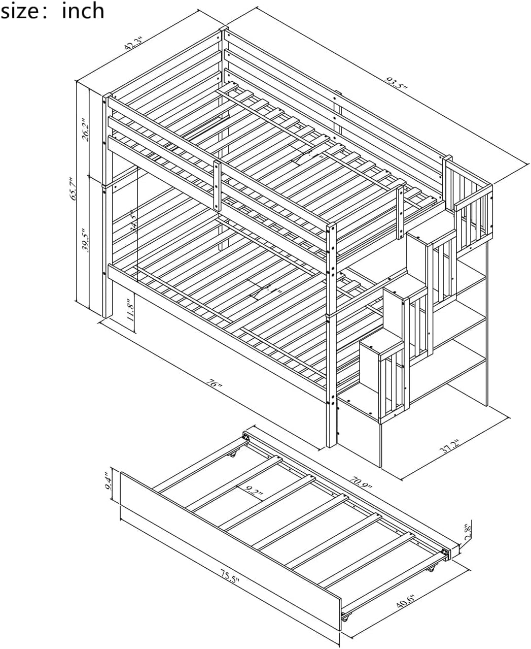 Twin over Twin Bunk Bed with Trundle and Storage Shelf, Solid Wood Bunk Bed with Staircase for Kids,Toddler,Teens,Adults No Box Spring Needed (Grey, Twin/Twin)-1
