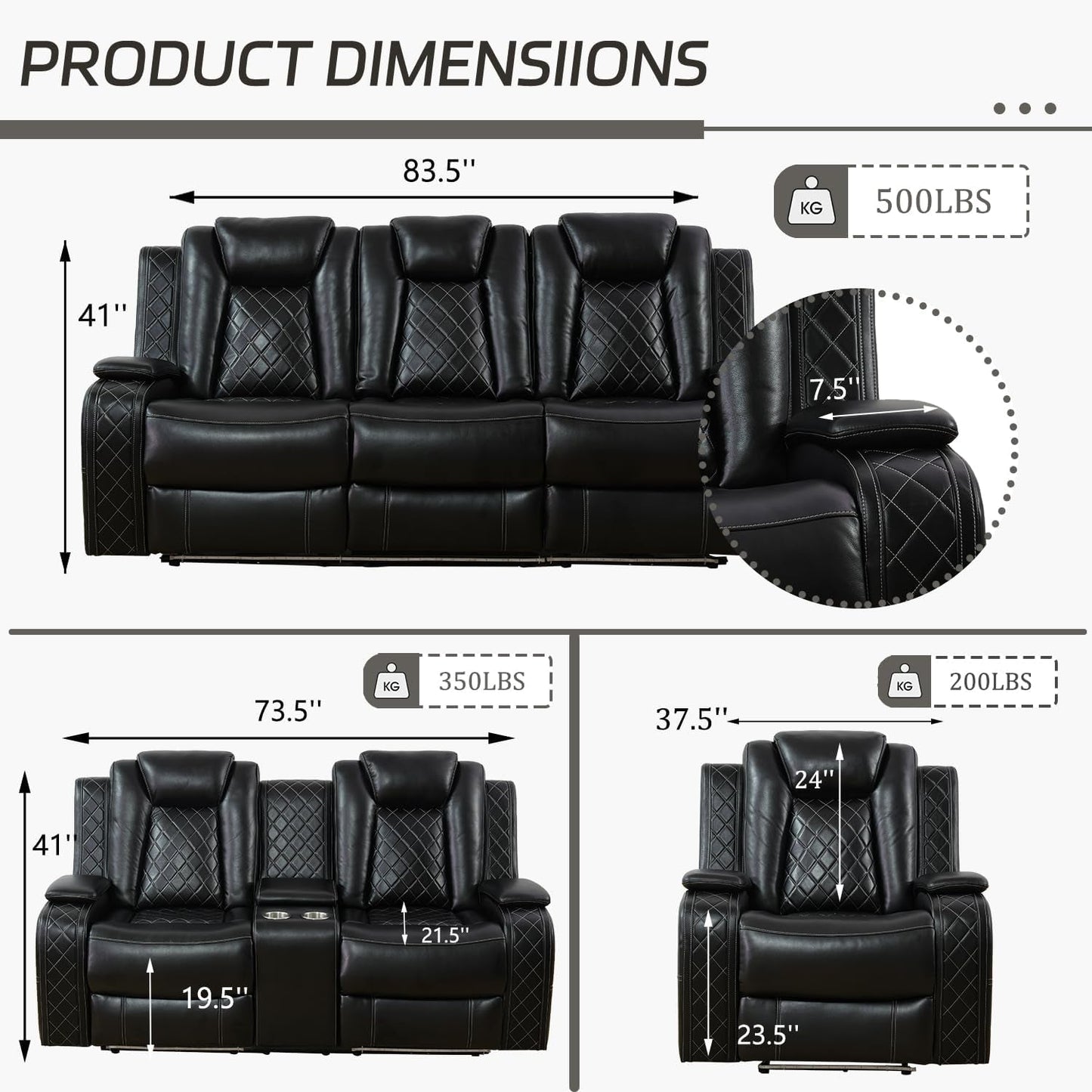 Leather Power Recliner Sofa Set with LED, Living Room Furniture Set, Leather Sofa Set with USB Port Storage Console Cup Holder (Power Reclining Sofa Set, Black)-1