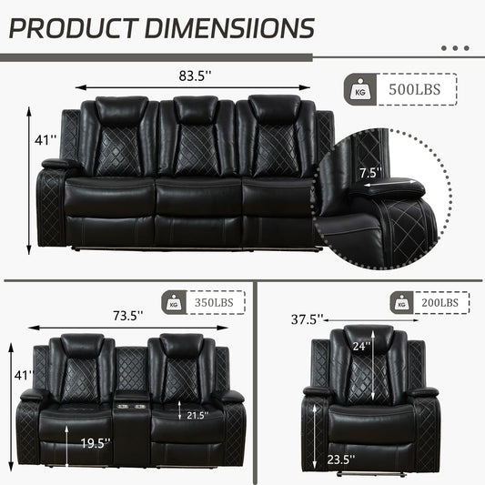 Leather Power Recliner Sofa Set with LED, Living Room Furniture Set, Leather Sofa Set with USB Port Storage Console Cup Holder (Power Reclining Sofa Set, Black)-1