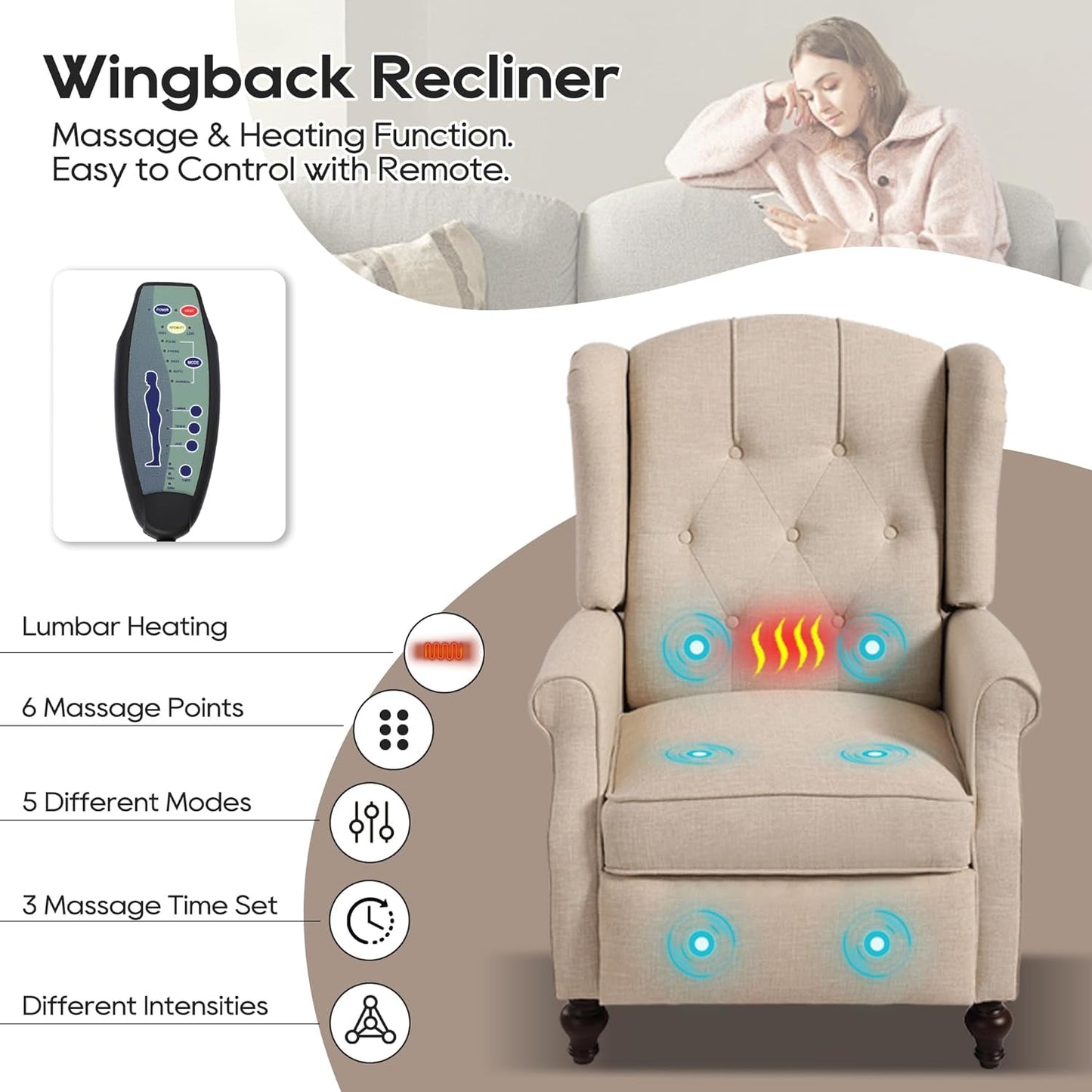 Wingback Recliner Chair with Massage and Heat, Tufted Fabric Push Back Recliner Chair for Living Room, Vintage Recliner Chair with Remote Control, Padded Cushion, Backrest, Wooden Legs-2
