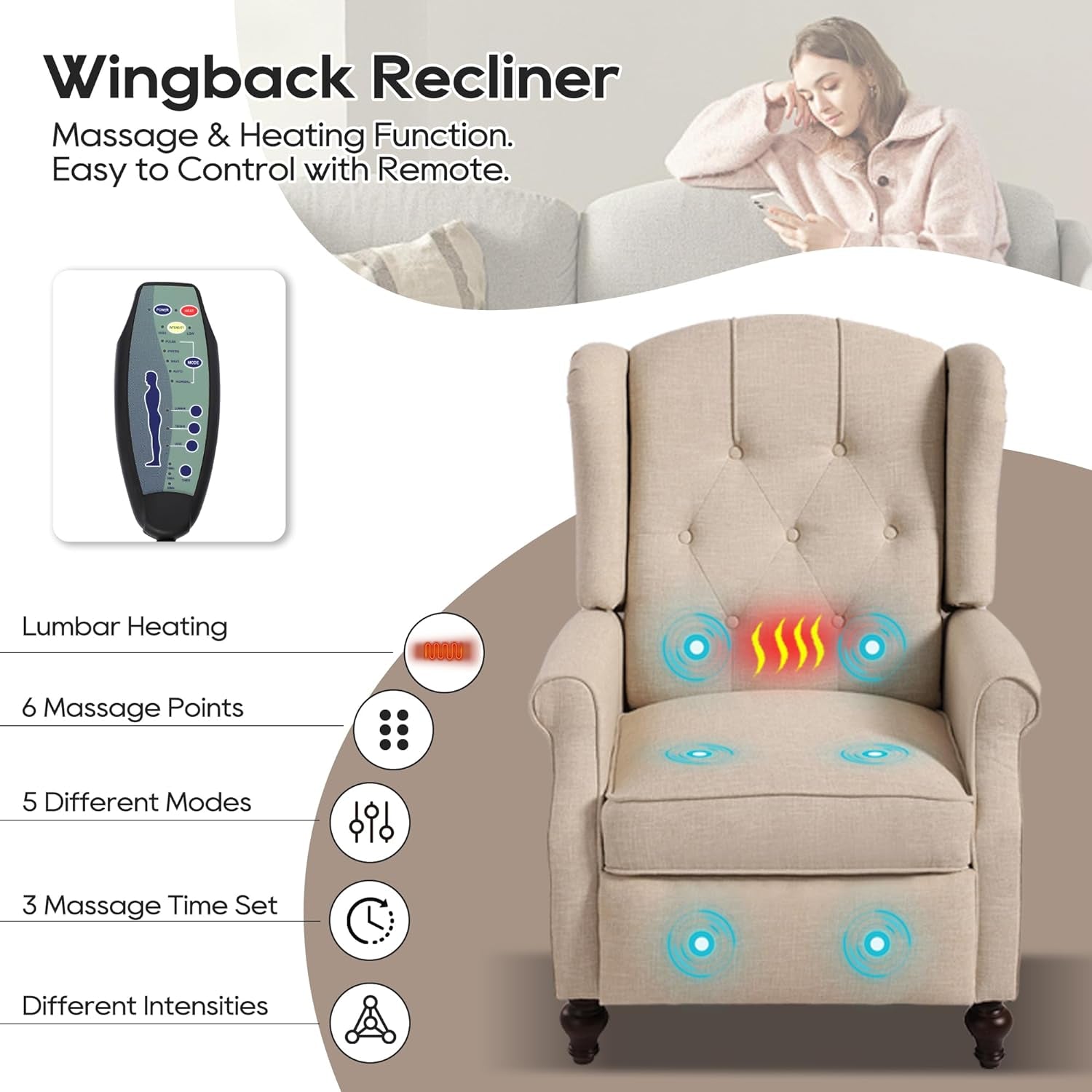 Wingback Recliner Chair with Massage and Heat, Tufted Fabric Push Back Recliner Chair for Living Room, Vintage Wingback Chair with Remote Control, Padded Cushion, Backrest, Wooden Legs-2