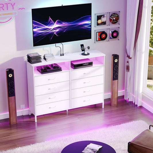 Dresser for Bedroom White Bedroom Dresser with LED Lights and Charging Station, 8 Long Fabric Drawers Dresser, Tall Wide Chest of Drawers Storage Organizer TV Stand for up to 60" TV for Living Room-1