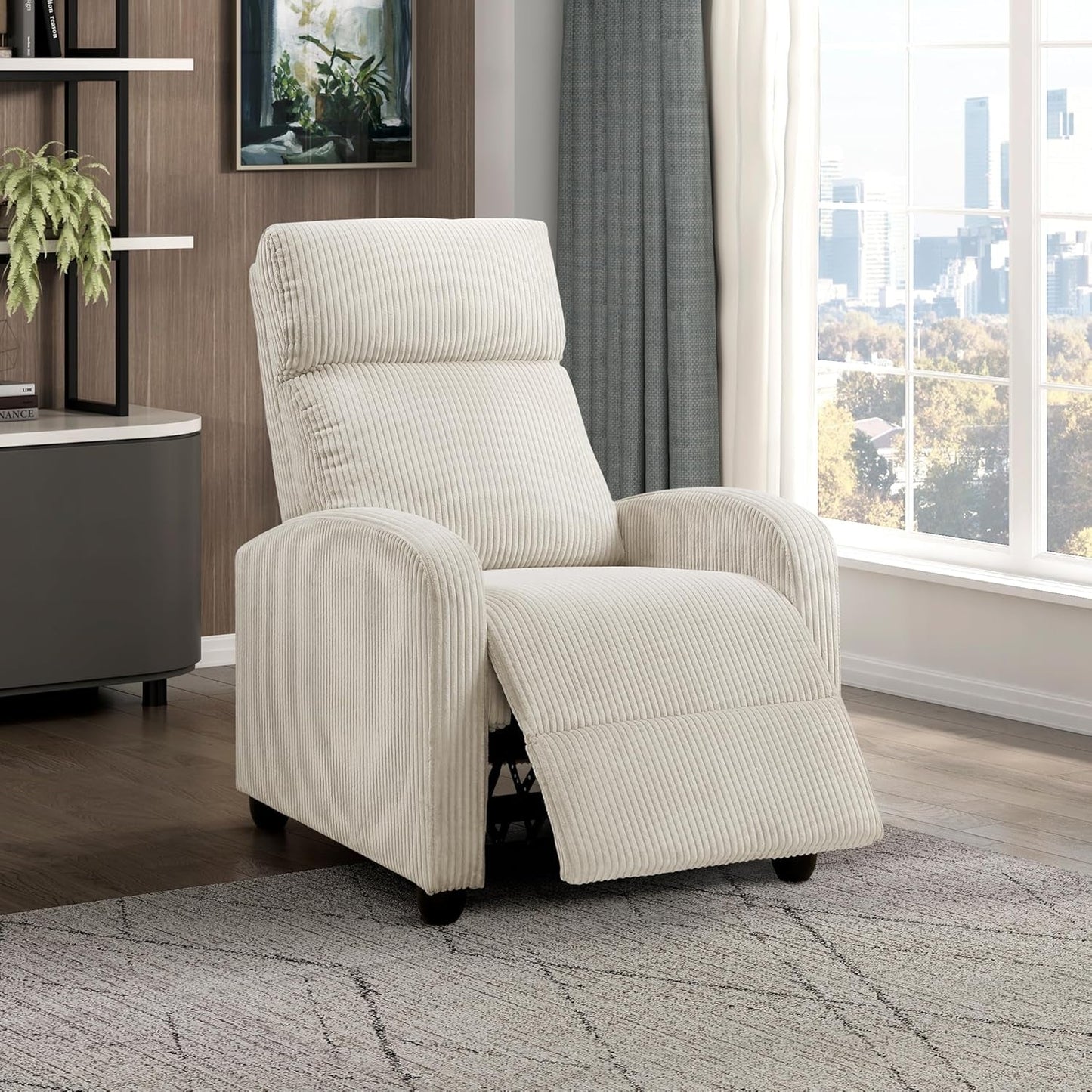 Pushback Recliner Chair Armchair Push Back Recliner, Corduroy Chair with Solid Wood Frame and Metal Seat Base, Single Sofa Accent Chair for Living Room/Office/Apartment, Beige-0