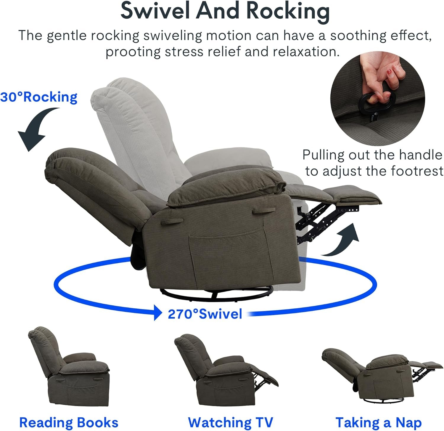 XRC2 Swivel Rocker Recliner Chair for Adults - Massage Reclining Chair W/Heat & Vibration, 270° Swivel Manual Rocking Chair Single Sofa for Living Room Bedroom (Brown)-4
