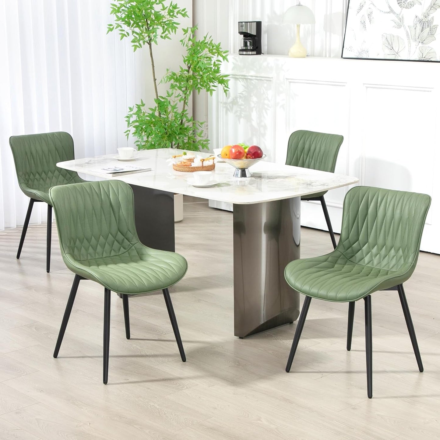Dining Chairs Set of 2, Mid-Century Modern Upholstered Dining Chairs, Armless Faux Leather Accent Chairs with Backrest, Living Dining Room Chairs with Metal Legs for Dining Room, Green-2