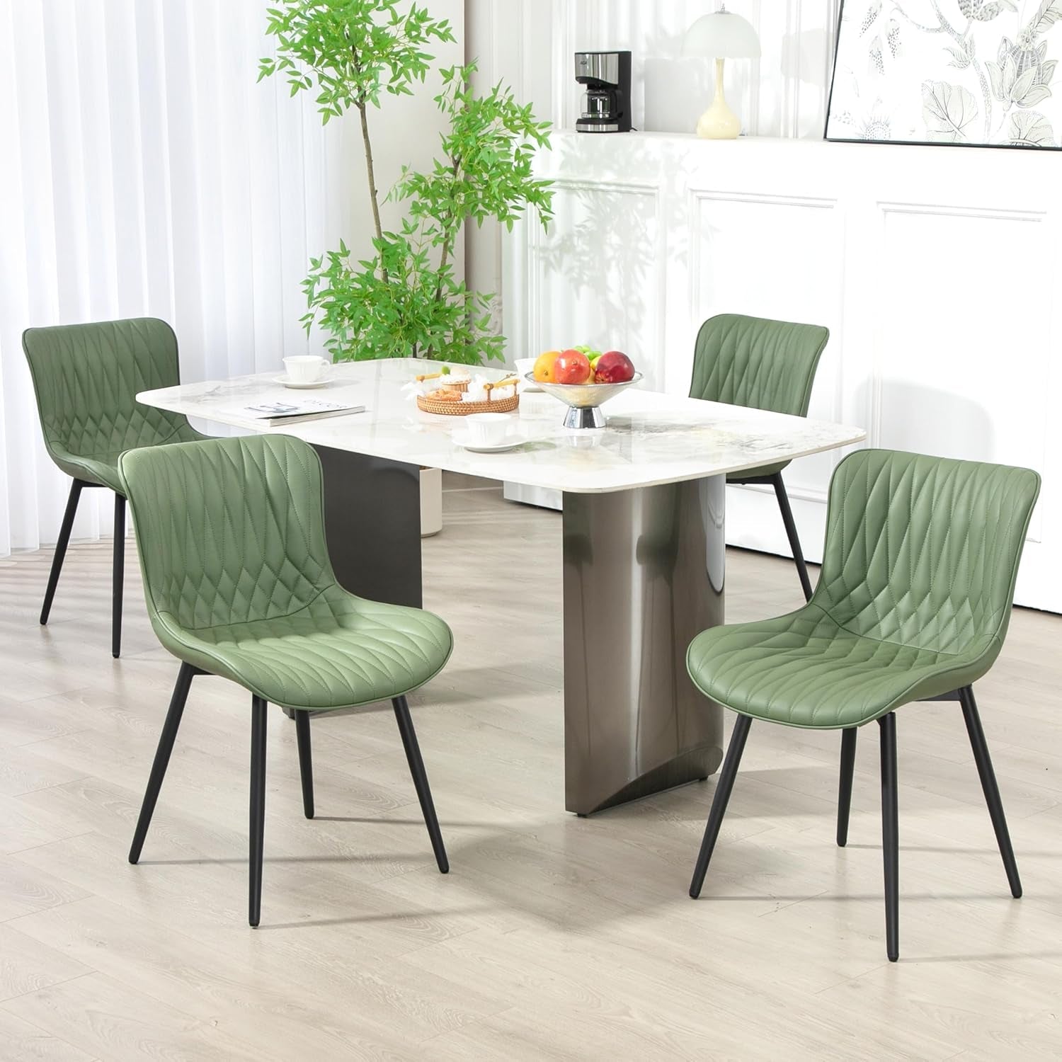 Dining Chairs Set of 2, Mid-Century Modern Upholstered Dining Chairs, Armless Faux Leather Accent Chairs with Backrest, Living Dining Room Chairs with Metal Legs for Dining Room, Green-2