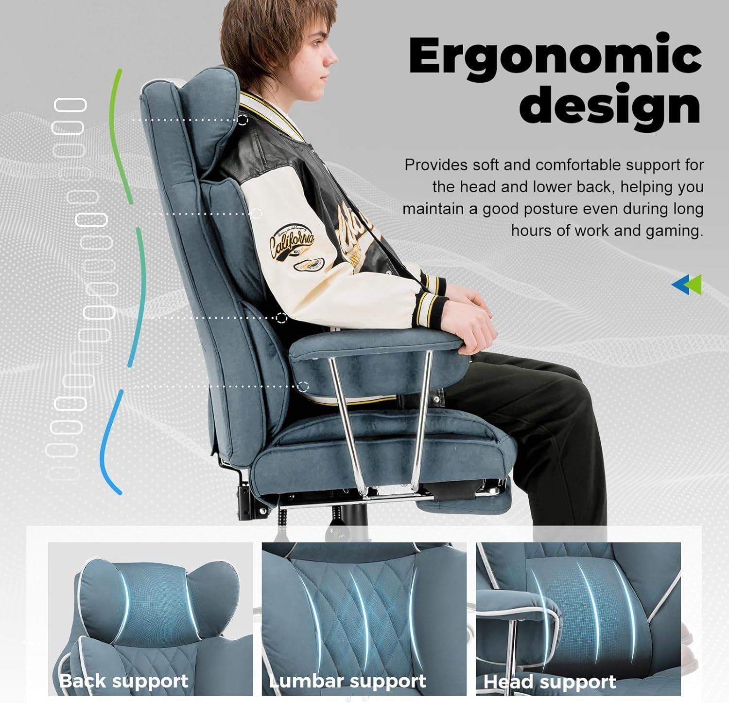 Big and Tall Gaming Chair with Pocket Spring Lumbar Support, Ergonomic Office Chair with Footrest, Executive Desk Chair with Outward Fixed Soft Armrests, Computer Chair with High Back, Blue-2