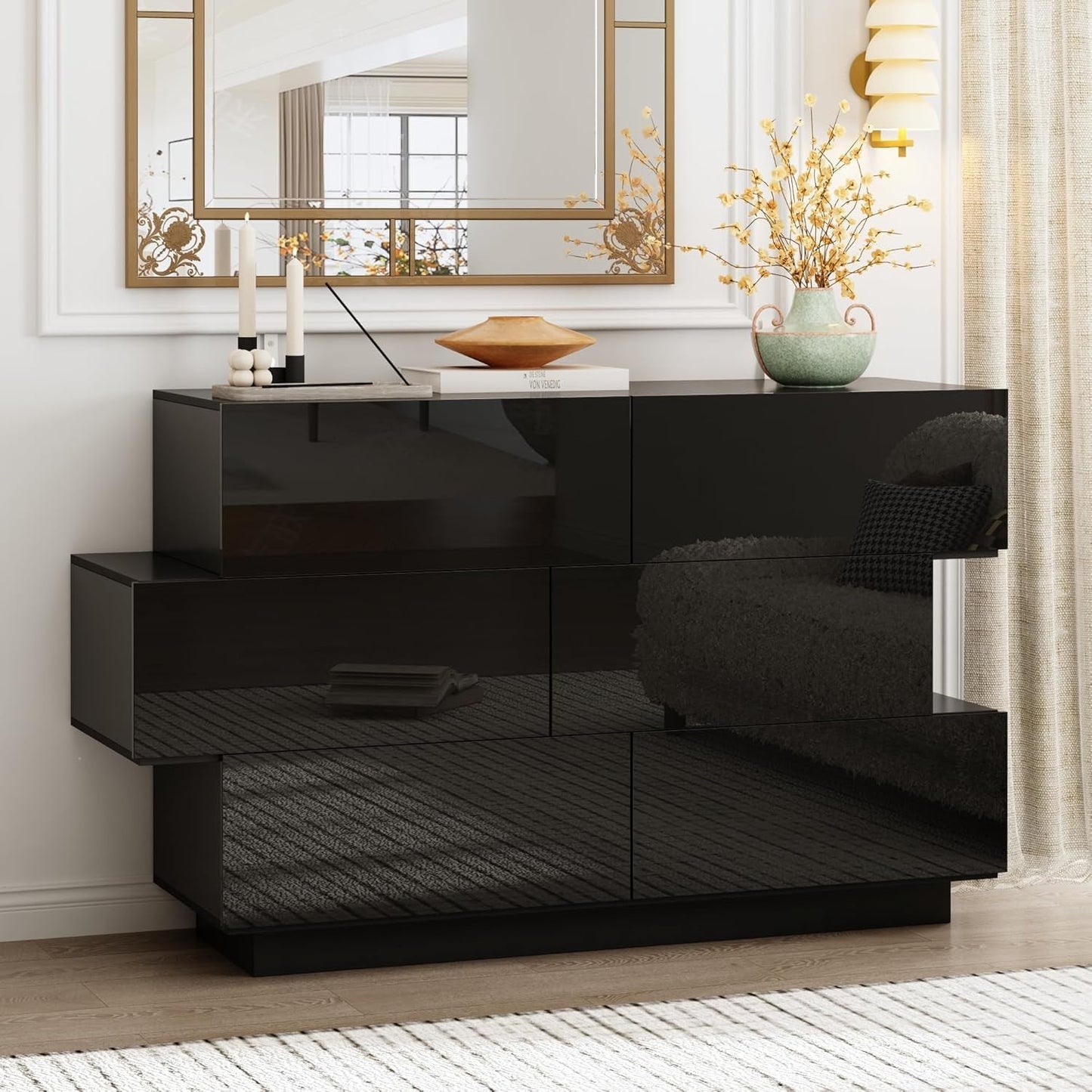 Balck Drawer Dresser for Bedroom, Modern High Gloss Dresser with 6 Drawers, Double Dresser Storage Chest of Drawer with Asymmetrical Design for Bedroom, Living Room, Entryway-0
