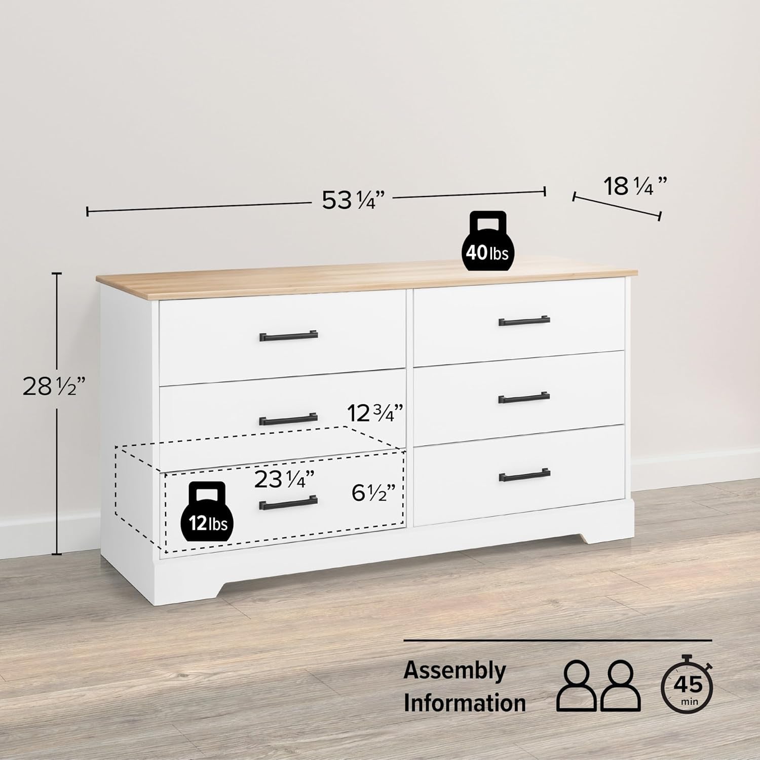 Rustic Ridge Farmhouse 6-Drawer Double Dresser, White & Oak Dresser for Bedroom, Chest of Drawers with 6 Storage Drawers, 53.25” Wide X 18.25” Deep X 28.5” Tall, White & Oak-2