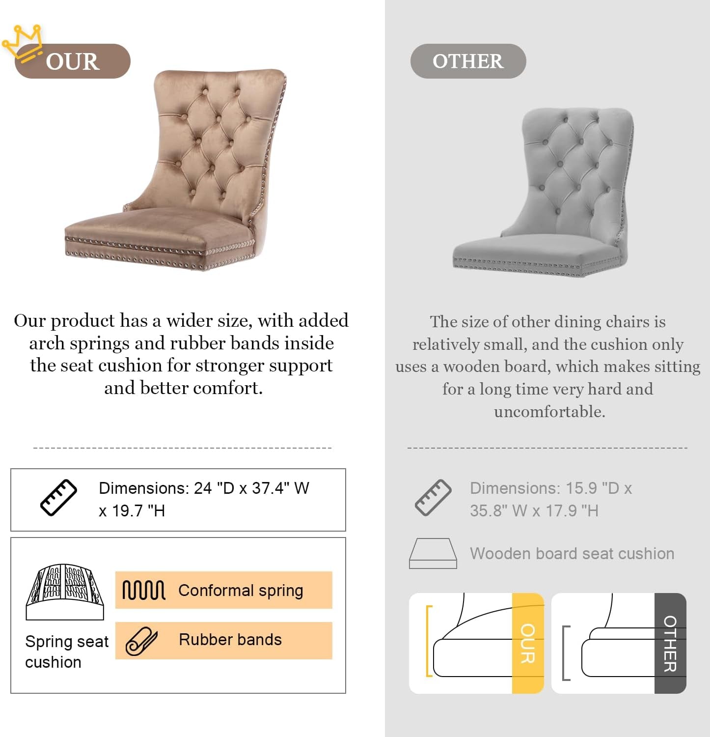 Velvet Dining Chairs Set of 4, Tufted Upholstered Dining Chairs with Nailhead Back and Ring Pull Trim, Solid Wood Dining Chairs for Kitchen/Bedroom/Dining Room (Khaki)-3