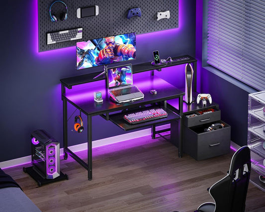 48-Inch Gaming Desk with Power Outlets & LED Light, Reversible PC Desk with Fabric Drawer and File Cabinet, Computer Desk with Keyboard Tray, Table with Full Monitor Riser and PC Stand, Black-1