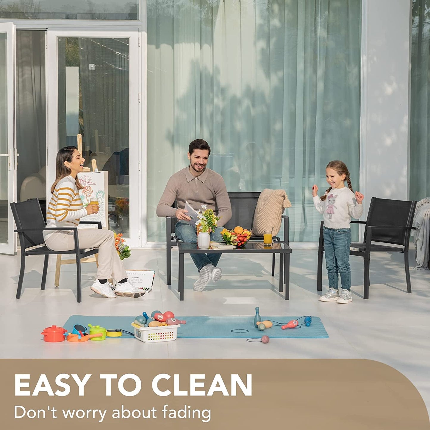 4 Pieces Patio Furniture Set Outdoor Garden Patio Conversation Sets Poolside Lawn Chairs with Glass Coffee Table Porch Furniture (Black)-4