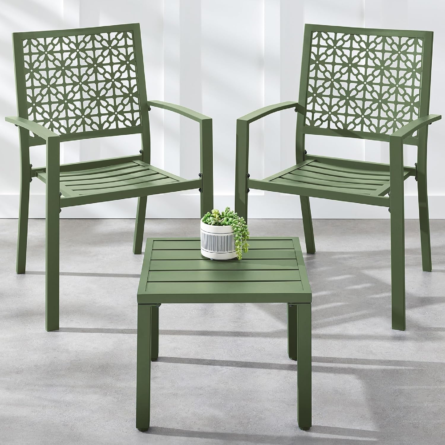 3-Piece Outdoor Bistro Set, Stackable Modern Steel Furniture for Porch, Garden W/ 2 Chairs, Table, Geometric Decor - Sage Green-0