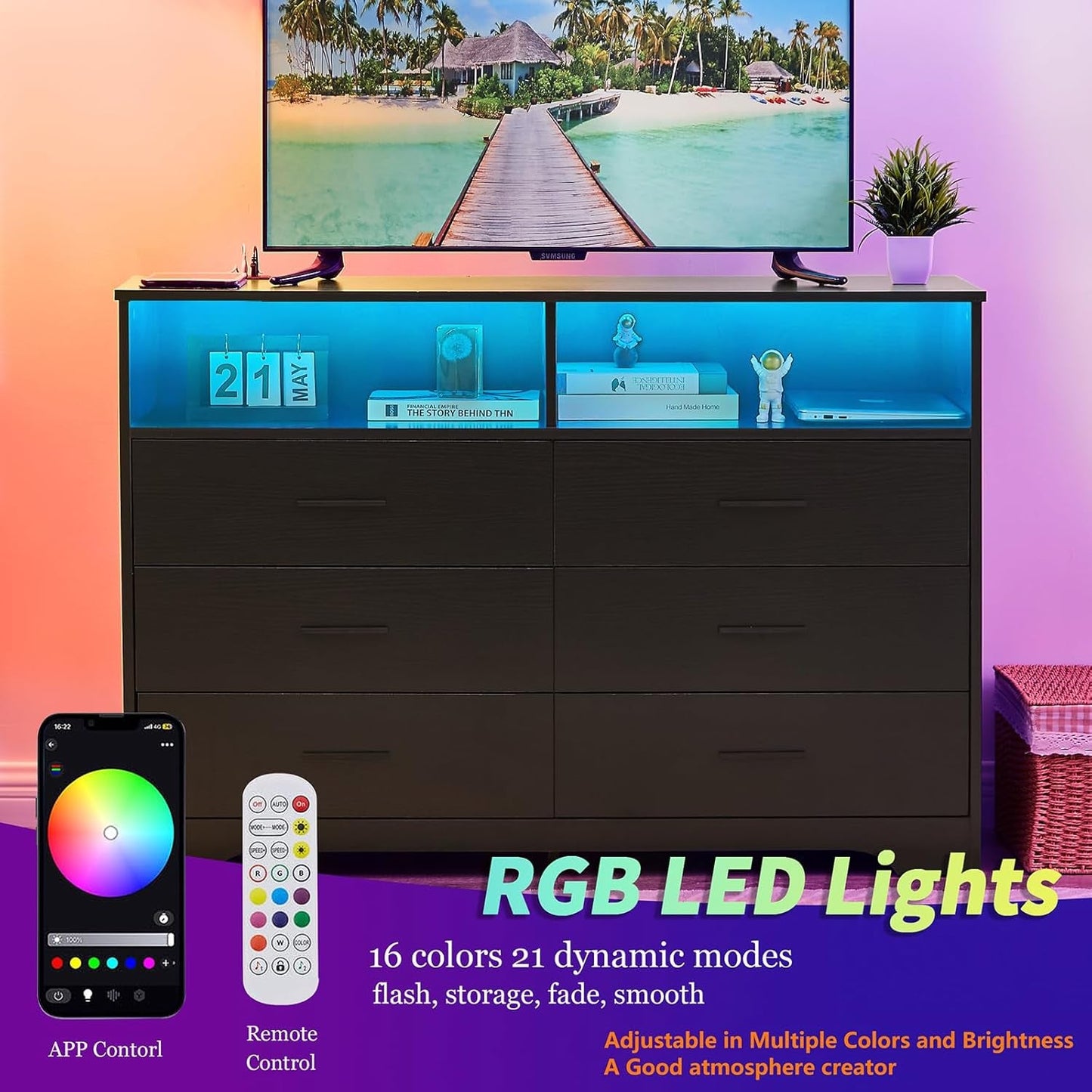 Black Dresser for Bedroom Wooden, 6 Drawer Dressers & Chests of Drawers, Modern Wood Tall Dresser, 48 Inches Wide Chest of Drawers for Bedroom, Hallway, Living Room-3