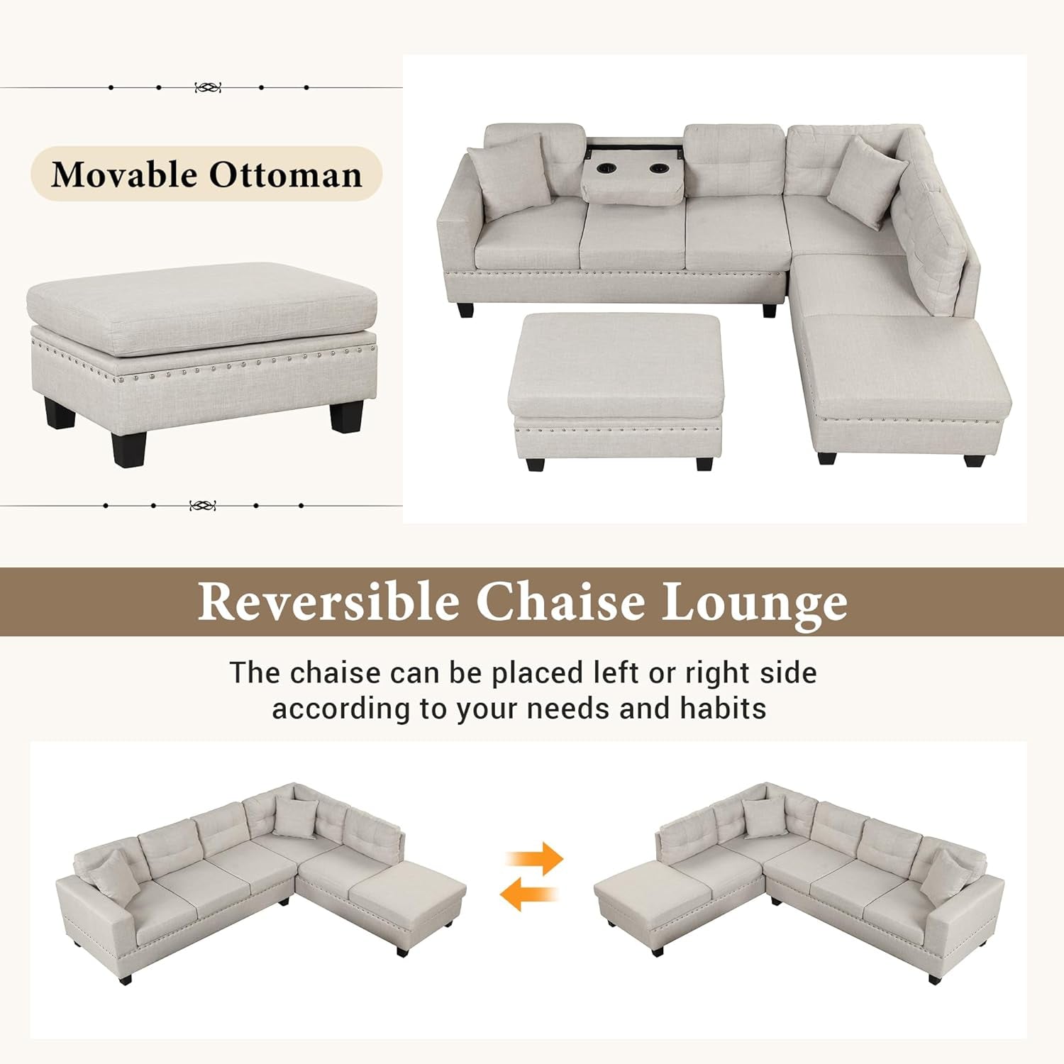 Sectional Sofa Couch with Reversible Chaise and Ottoman, Linen L-Shape Couch with 2 Pillows and Cup Holder, Sectional Sofas for Living Room (Light Gray)-2