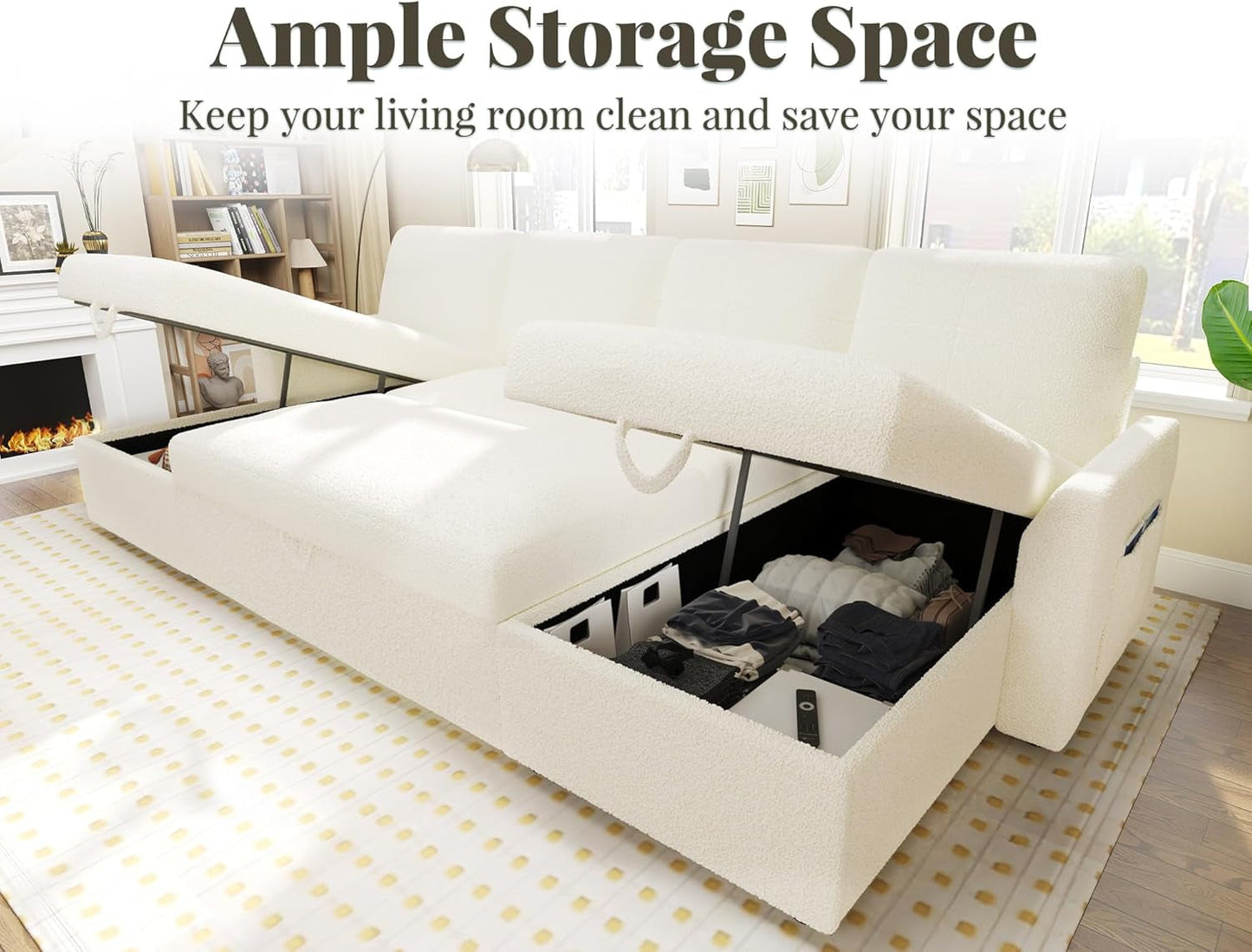 White Sectional Sofa Bed Oversized, 110", Storage-4