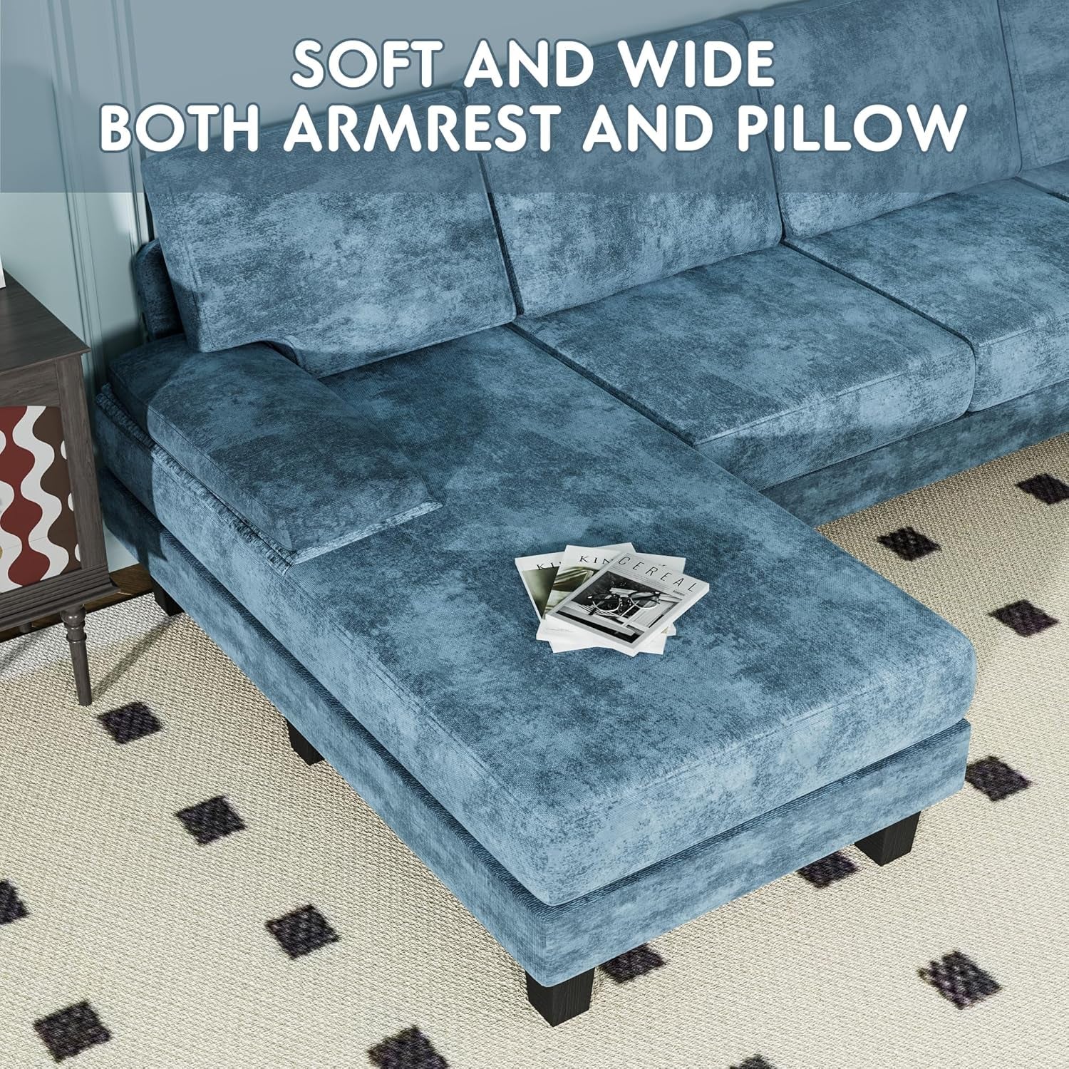 Convertible Sectional Sofa U-Shaped Couch with Soft Modern Cotton Chenille Fabric for Living Room, Oversized Seats with Comfortable Backrest, Dark Blue-3