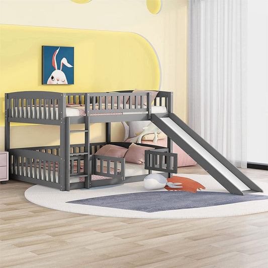 Gray Bunk Bed with Fence, Slide, and Ladder-0