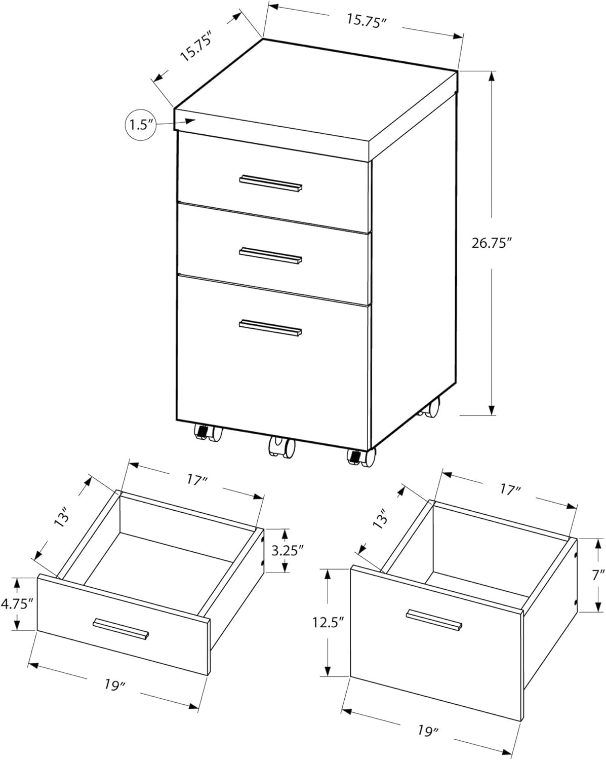 White Hollow-Core 3 Drawer File Cabinet on Castors-2
