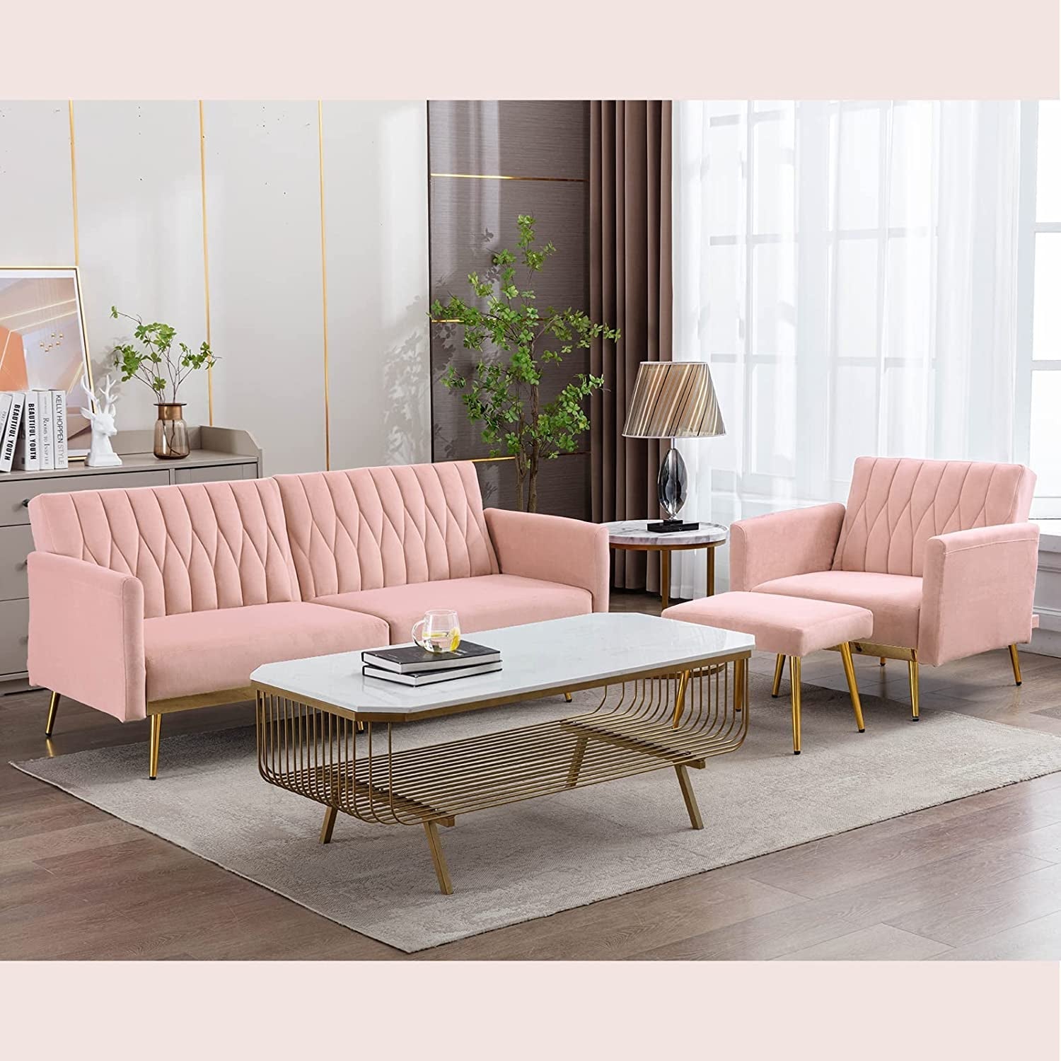 Pink Velvet Chair with Ottoman and Armrests-0