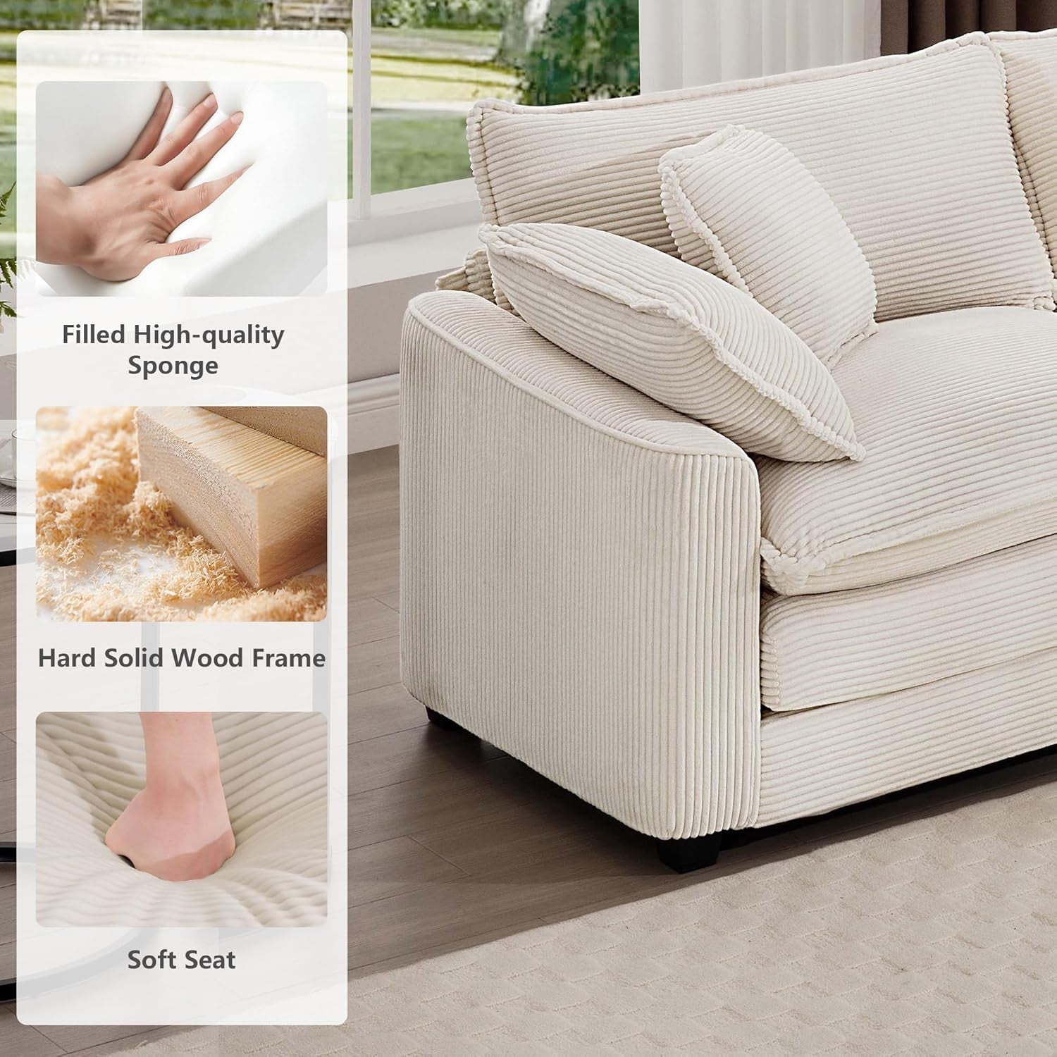 Oversized 2 Piece Sofa Set for Living Room, 3-Seater & Loveseat Couch, Modular Sectional Deep Seat Corduroy Comfy Cloud Couches with 4 Armrest Pillows and 5 Toss Pillows, Beige-4